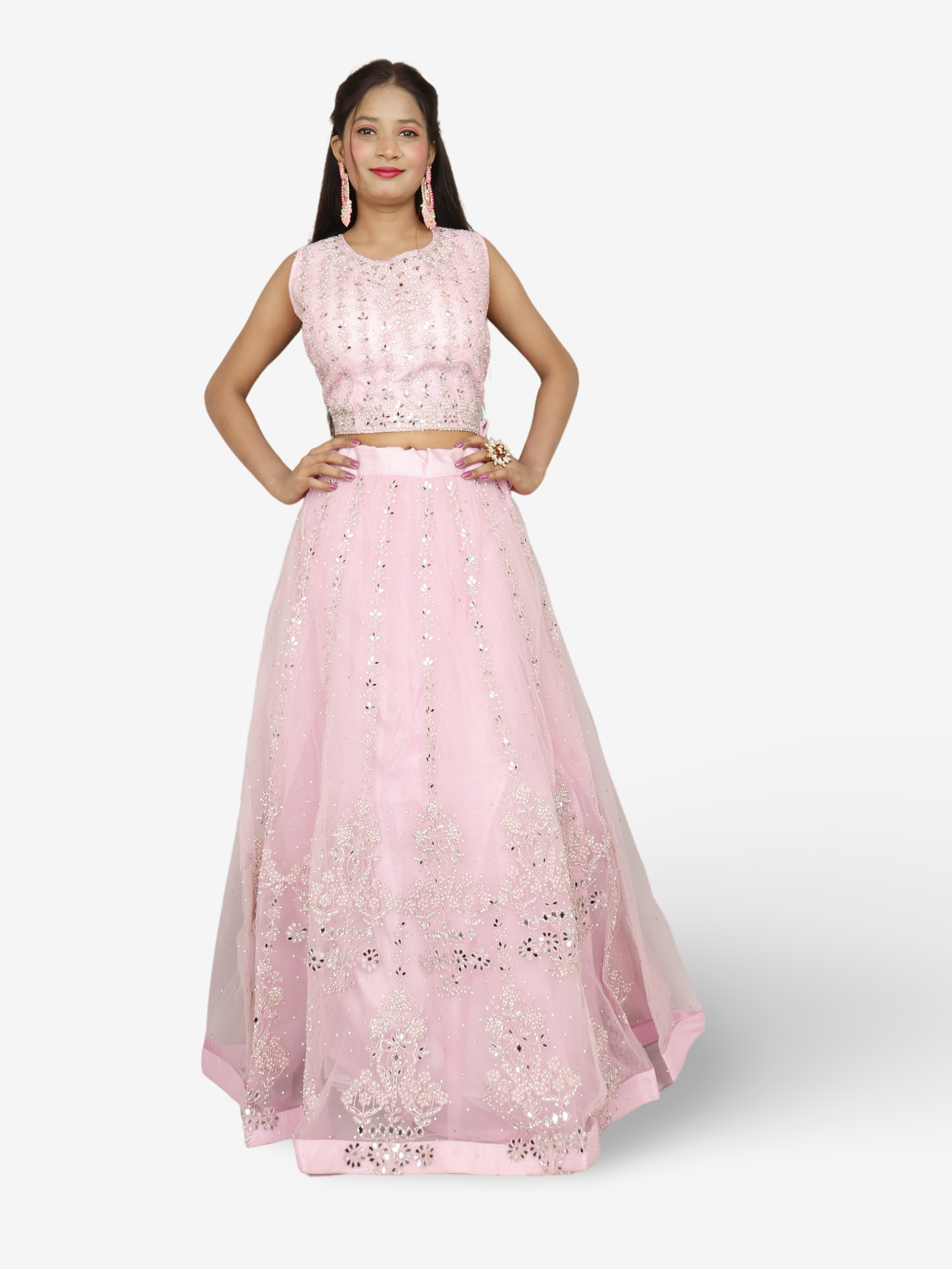 Beautiful mirror and stone work on this pink lehenga set for women by Shreekama Pink Designer Lehenga for Party Festival Wedding Occasion in Noida