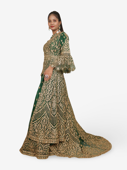 Lehenga Choli Set with Attached Shrug &amp; Zari Thread Work by Shreekama Royal Green Designer Lehenga for Party Festival Wedding Occasion in Noida