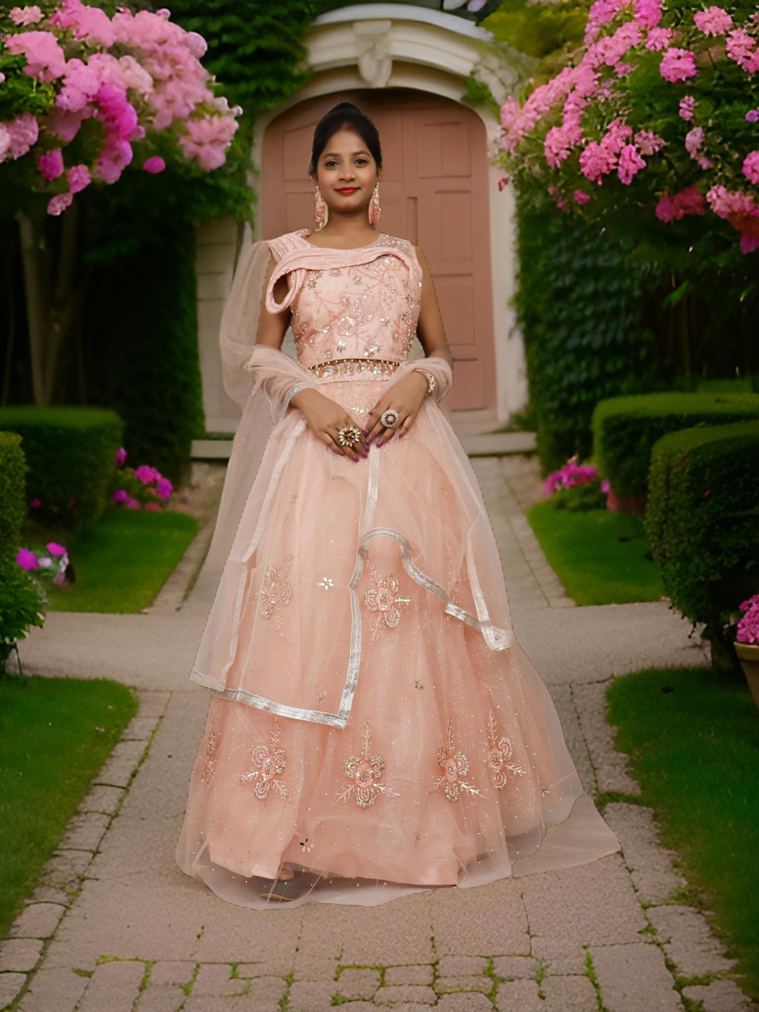 Lehenga Choli Set with Mirror Stones &amp; Sequin by Shreekama Peach Designer Lehenga for Party Festival Wedding Occasion in Noida