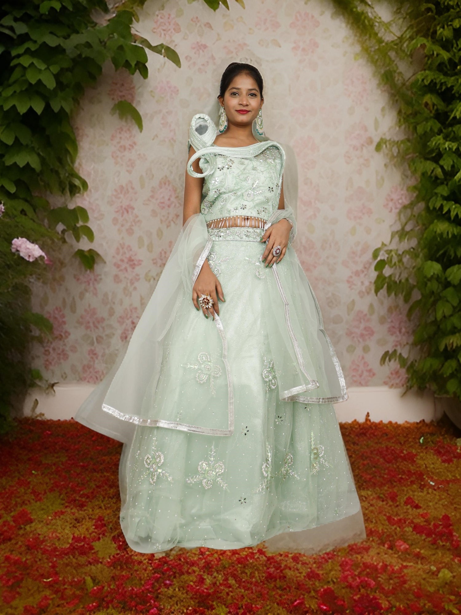 Lehenga Choli Set with Mirror Stones &amp; Sequin by Shreekama Mint Green Designer Lehenga for Party Festival Wedding Occasion in Noida