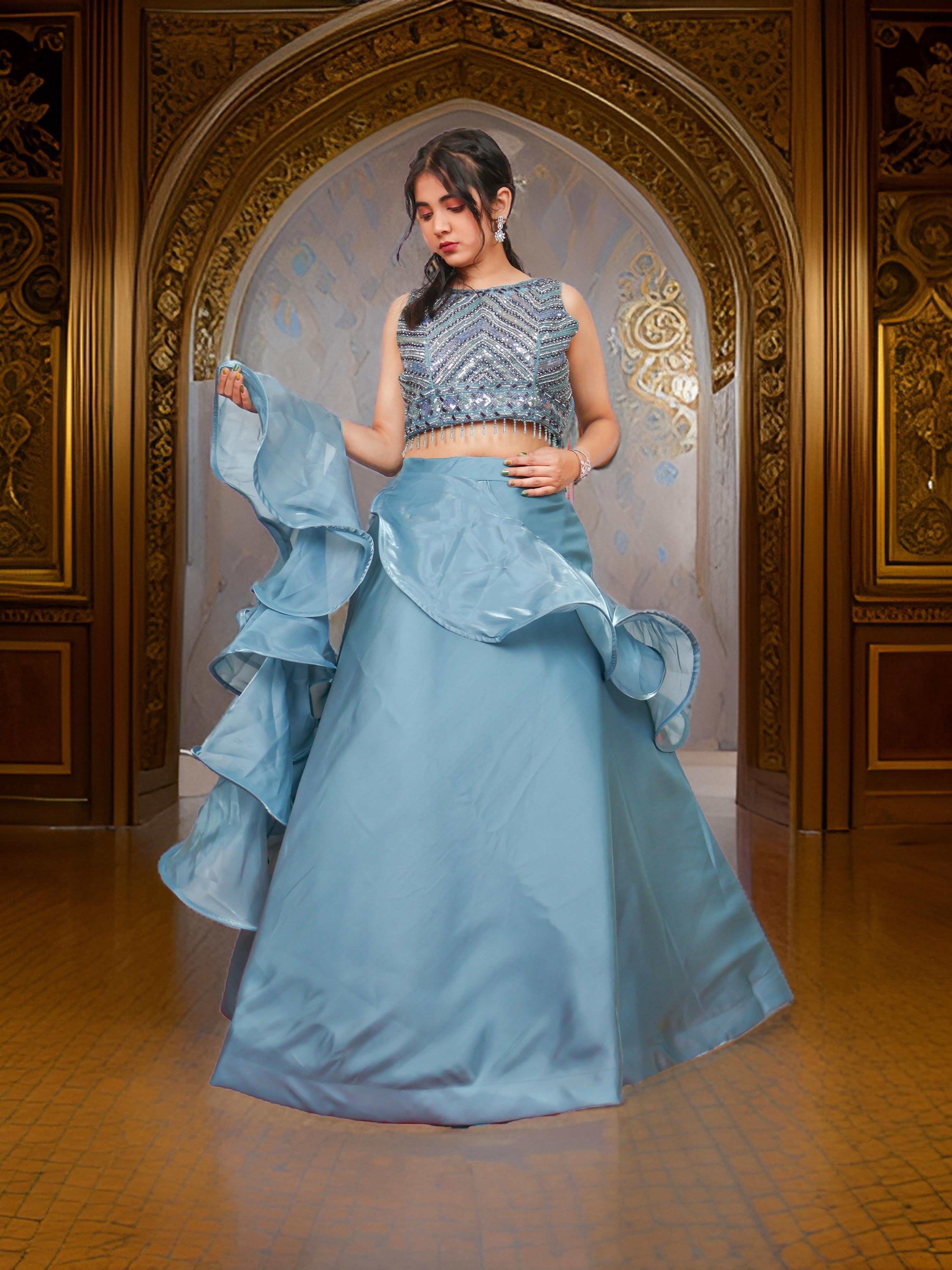 Toquise Blue Lehenga with Sequin &amp; Cut Dana Work by Shreekama Turquoise Blue Designer Lehenga for Party Festival Wedding Occasion in Noida