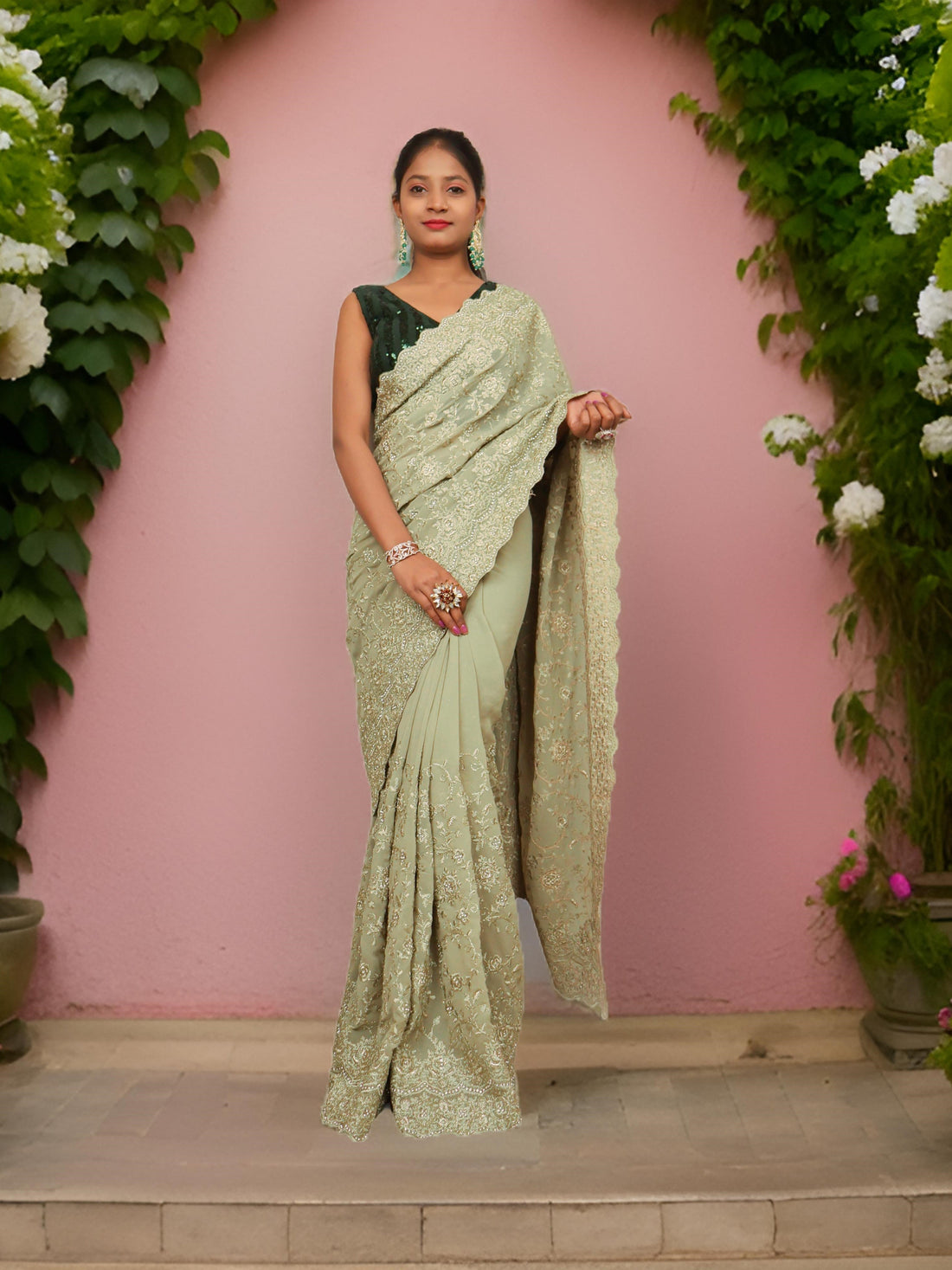 Designer Saree with Stone &amp; Heavy Embroidery Work by Shreekama Mint Green Designer Sarees for Party Festival Wedding Occasion in Noida