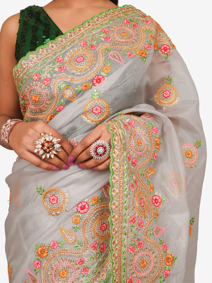 Designer Saree with Embroidery &amp; Zari Thread Work by Shreekama Grey Designer Sarees for Party Festival Wedding Occasion in Noida