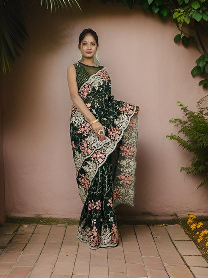 Designer Sarees with Thread &amp; Stone Work Lightweight &amp; Smooth texture by Shreekama Dark Green Designer Sarees for Party Festival Wedding Occasion in Noida