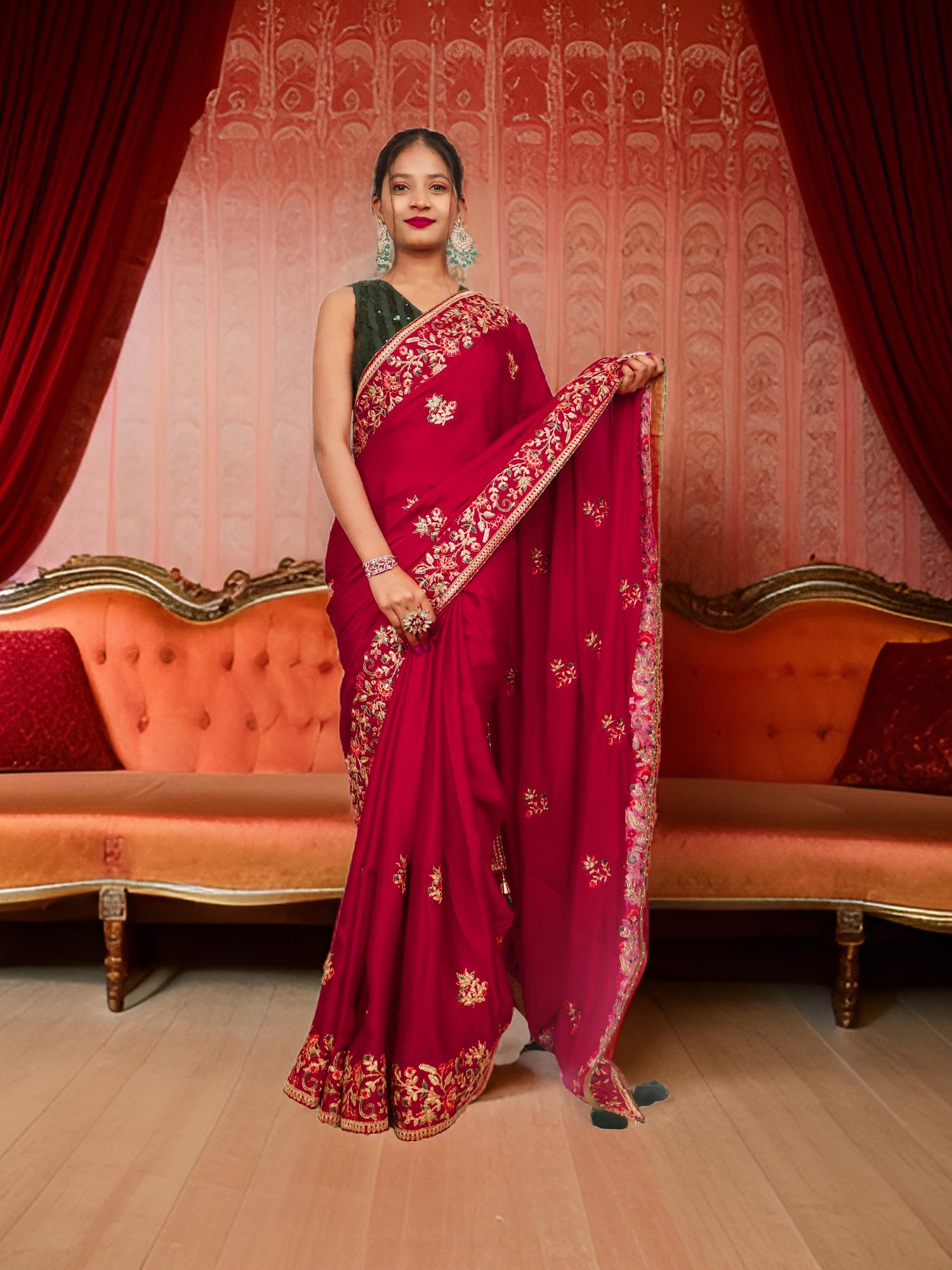 Designer Saree with Heavy embroidery Work by Shreekama Maroon Designer Sarees for Party Festival Wedding Occasion in Noida