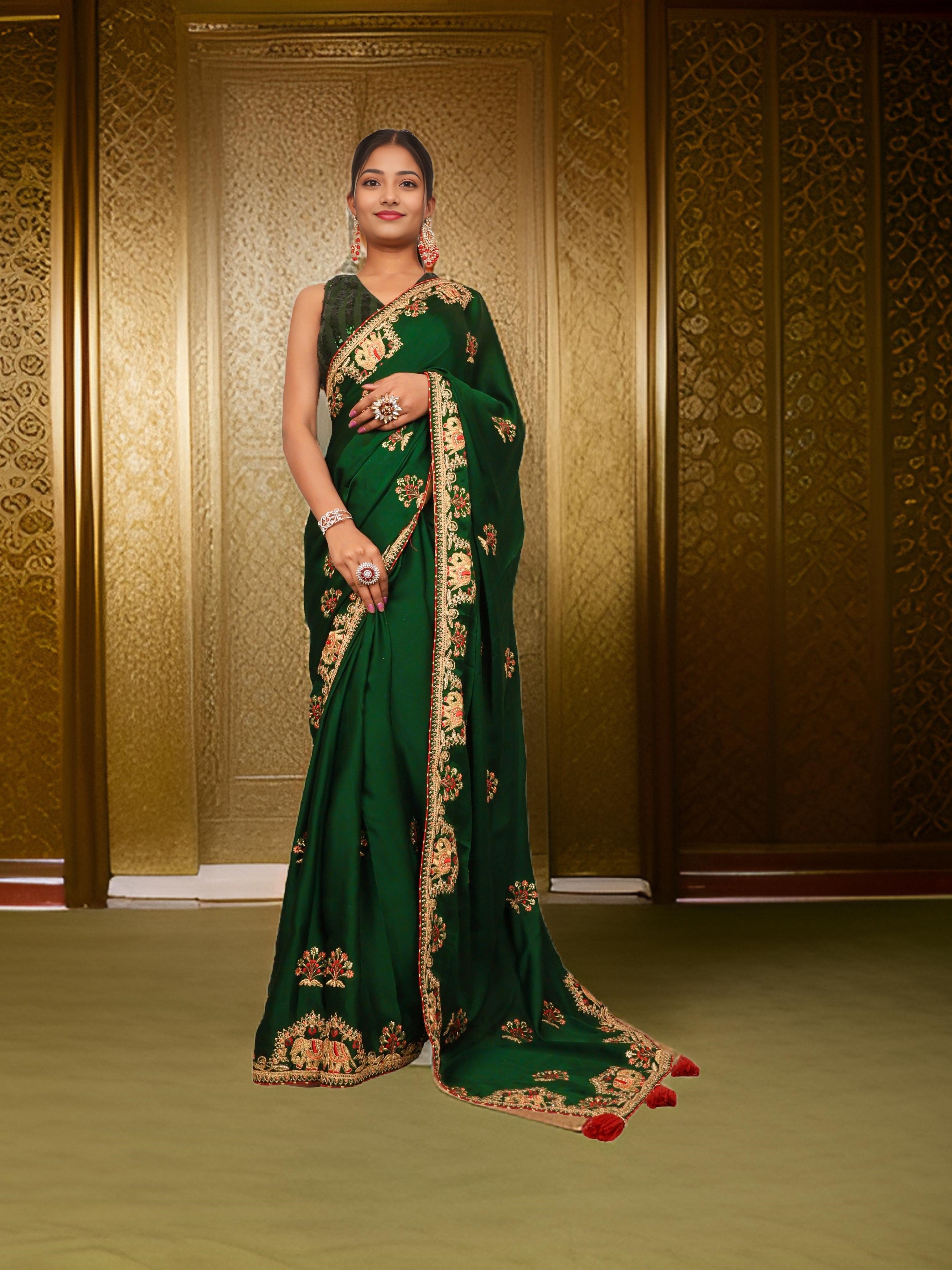 Designer Saree with Kundan &amp; Embroidery Work by Shreekama Dark Green Designer Sarees for Party Festival Wedding Occasion in Noida