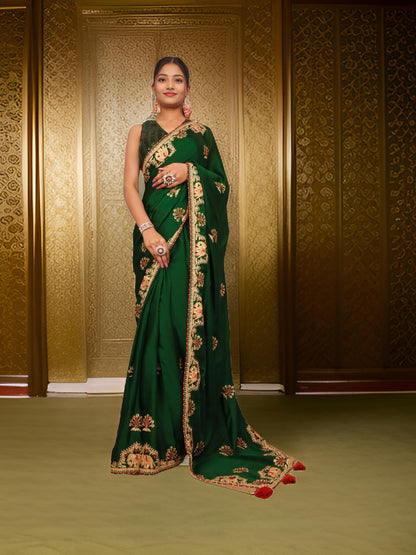 Designer Saree with Kundan &amp; Embroidery Work by Shreekama Dark Green Designer Sarees for Party Festival Wedding Occasion in Noida