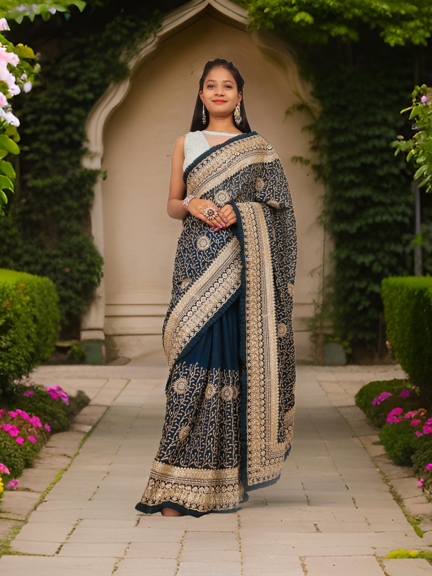 Designer Saree with Stone &amp; Heavy Zari Work Embroidery Work by Shreekama Dark Blue Designer Sarees for Party Festival Wedding Occasion in Noida