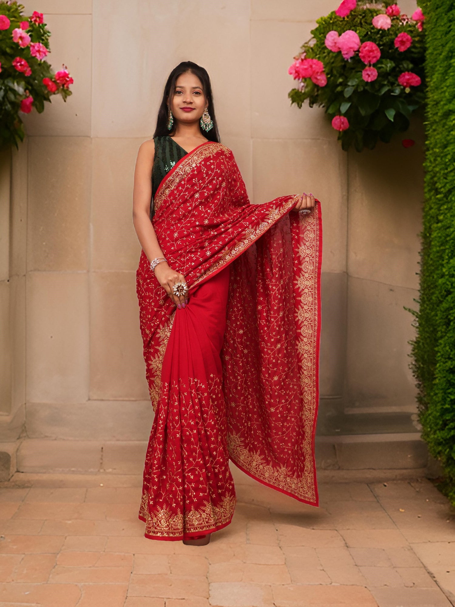 Designer Saree with Kundan &amp; Embroidery Work by Shreekama Red Designer Sarees for Party Festival Wedding Occasion in Noida