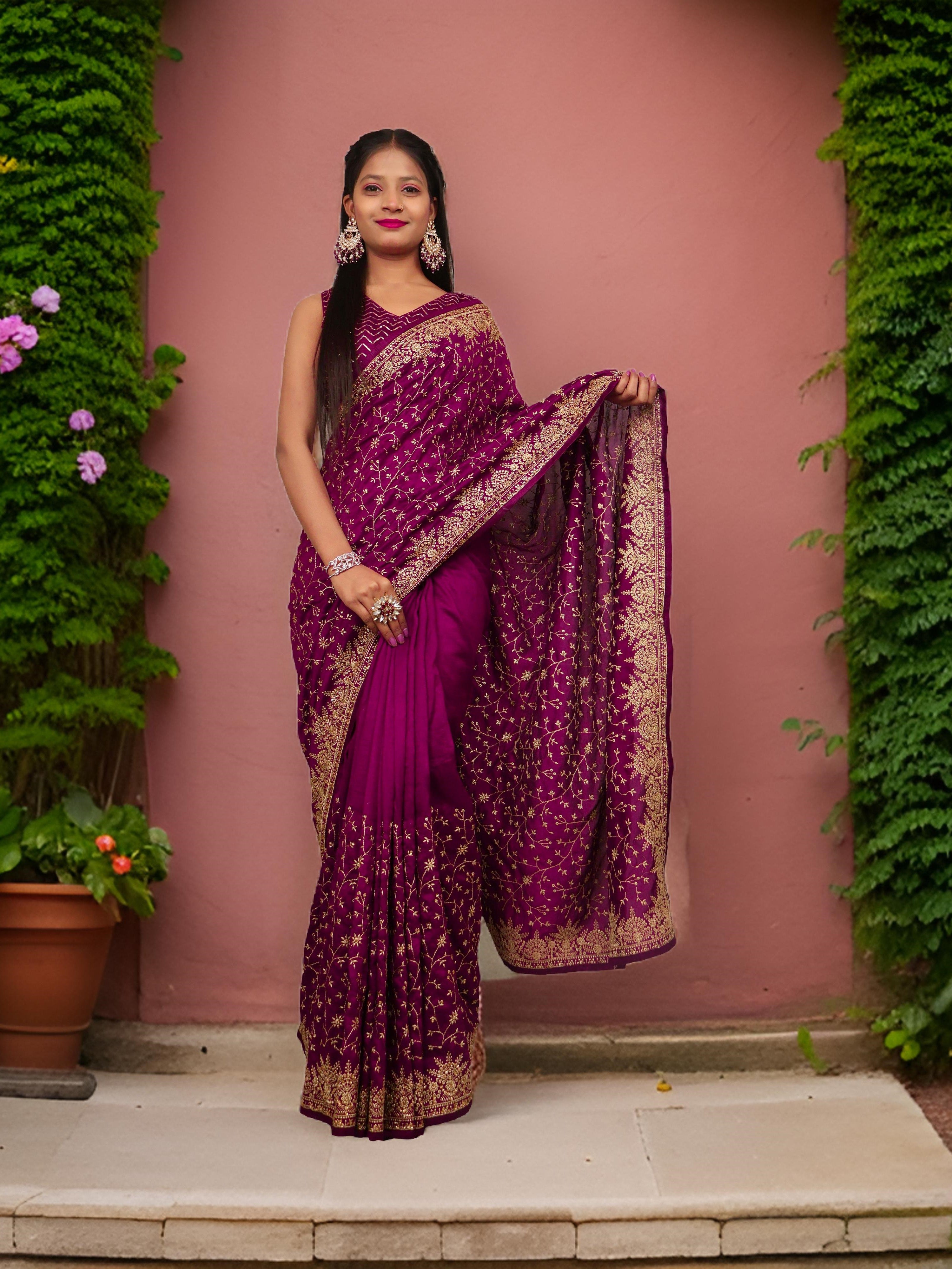 Designer Saree with Kundan &amp; Embroidery Work by Shreekama Wine Designer Sarees for Party Festival Wedding Occasion in Noida