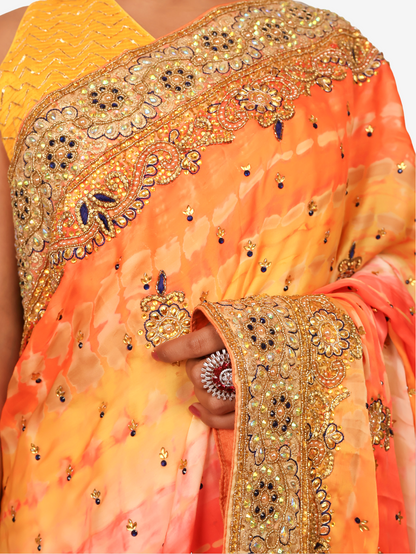 Designer Saree with Kundan &amp; Cut Dana Work by Shreekama Orange Multi Designer Sarees for Party Festival Wedding Occasion in Noida