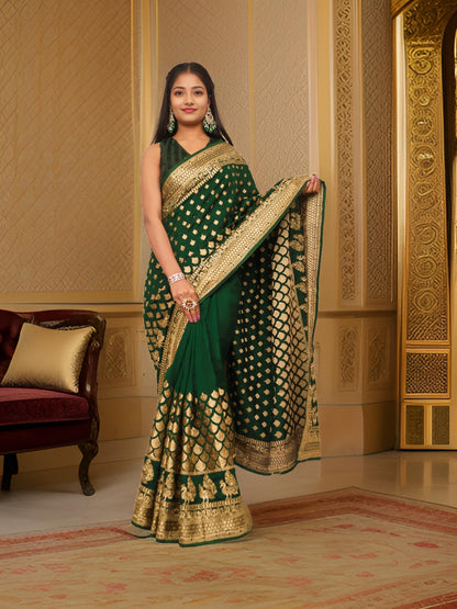 Designer Saree with Kundan &amp; Heavy Embroidery Work by Shreekama Dark Green Designer Sarees for Party Festival Wedding Occasion in Noida