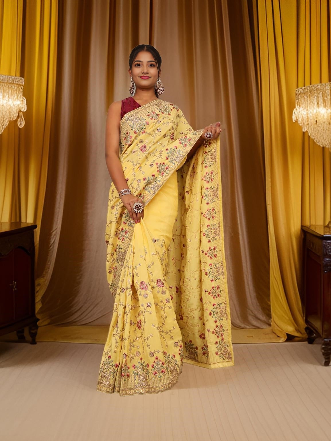 Designer Saree with Sequin &amp; Embroidery Work by Shreekama Lemon Yellow Designer Sarees for Party Festival Wedding Occasion in Noida