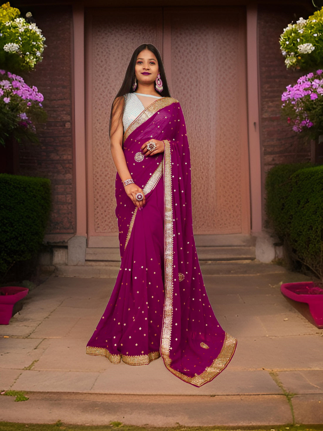 Designer Saree with Cut Dana &amp; Beads by Shreekama Wine Designer Sarees for Party Festival Wedding Occasion in Noida