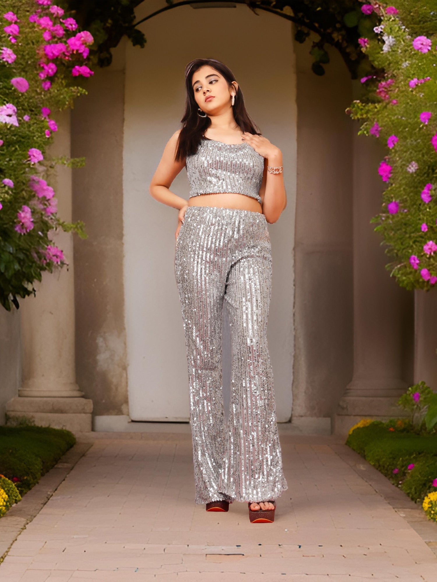 Sequins Spaghetti Neck Co-Ord Set by Shreekama Silver Dress for Party Festival Wedding Occasion in Noida
