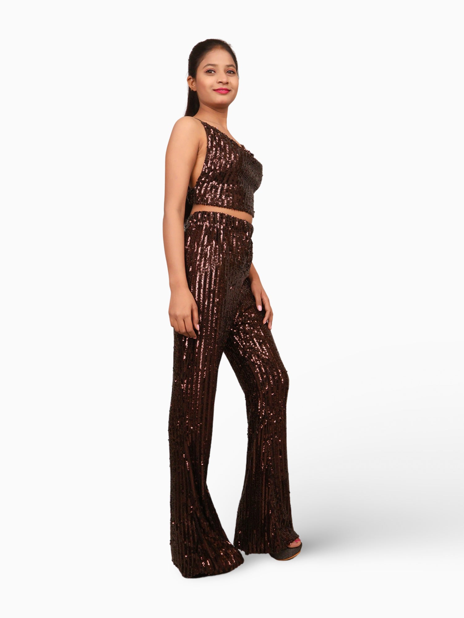 Sequins Spaghetti Neck Co-Ord Set by Shreekama Dark Brown Dress for Party Festival Wedding Occasion in Noida