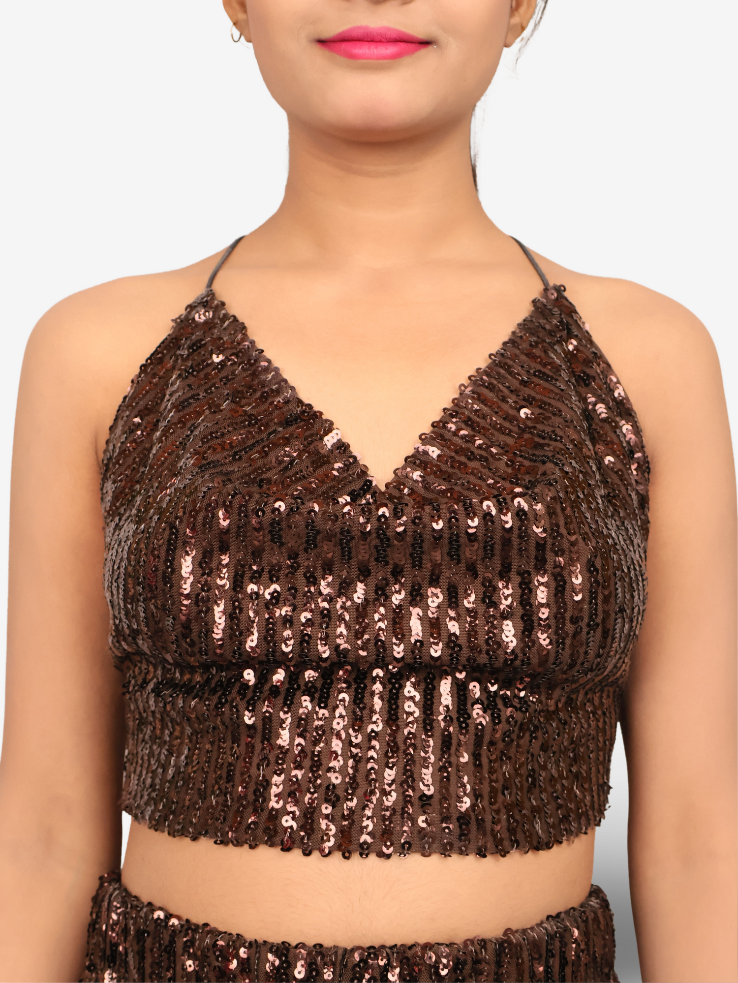 Sequins Spaghetti Neck Co-Ord Set by Shreekama Dark Brown Dress for Party Festival Wedding Occasion in Noida