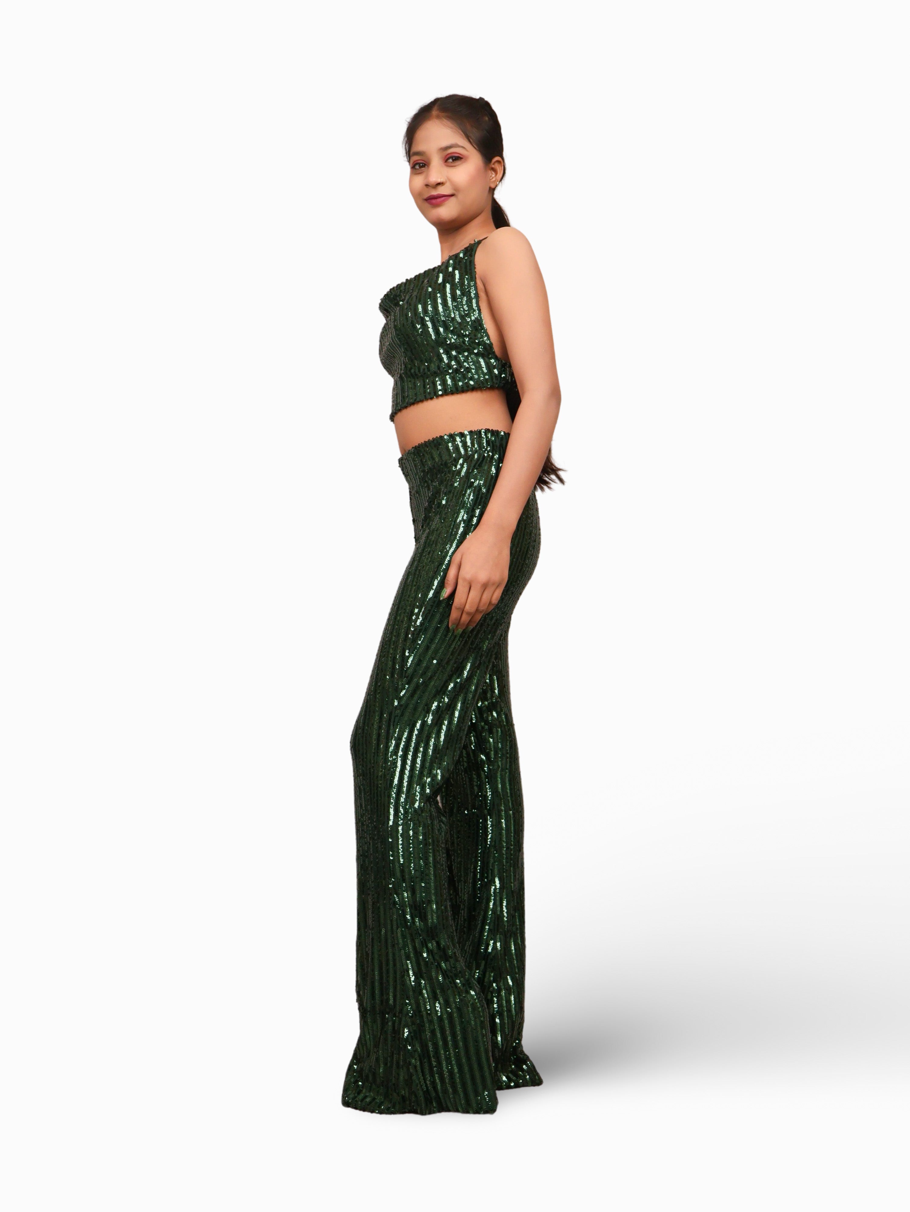 Sequins Spaghetti Neck Co-Ord Set by Shreekama Dark Green Dress for Party Festival Wedding Occasion in Noida