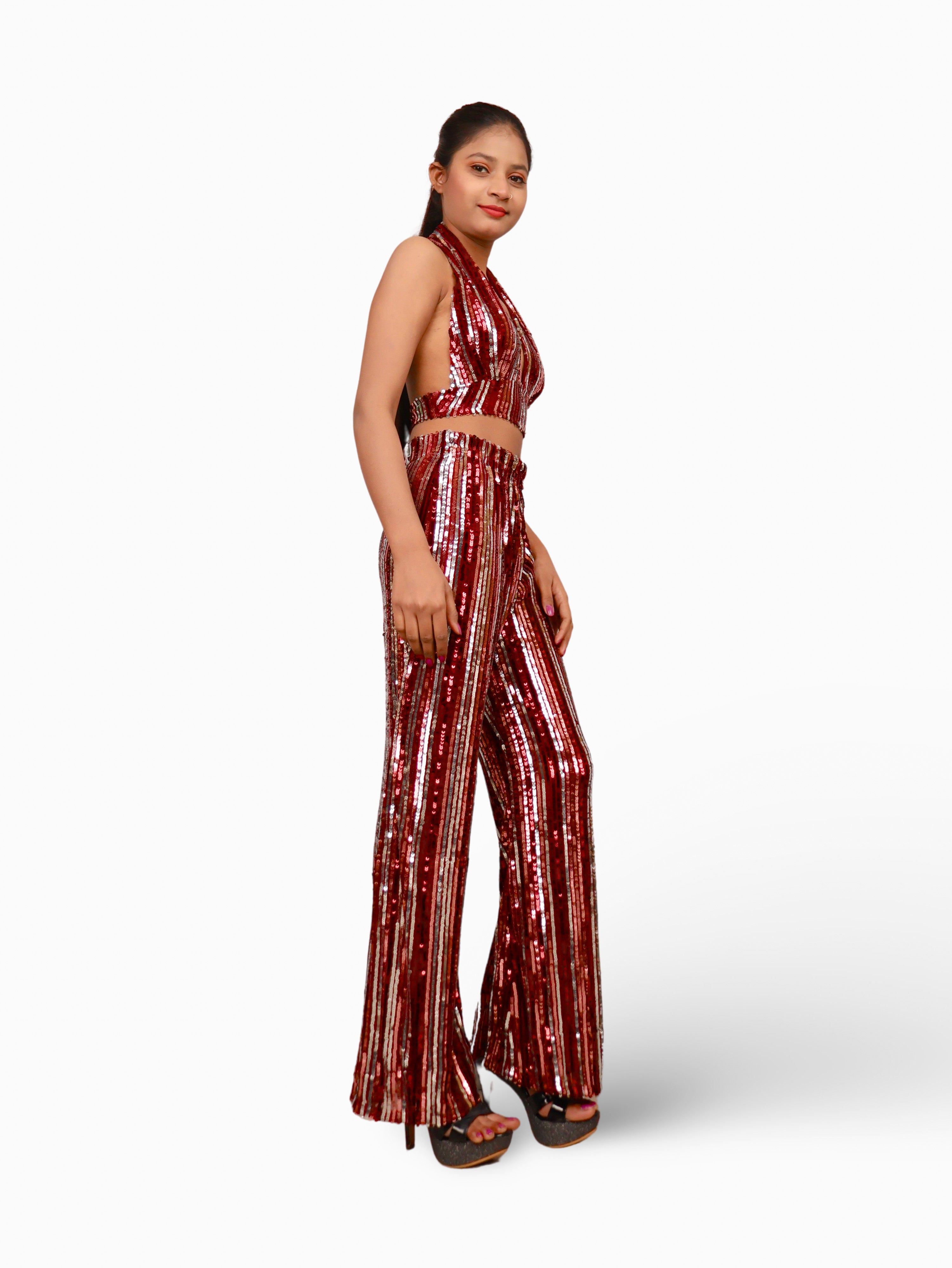 Glamour Halter Neck Sequins Bodycon Co-Ord Set by Shreekama Maroon Dress for Party Festival Wedding Occasion in Noida