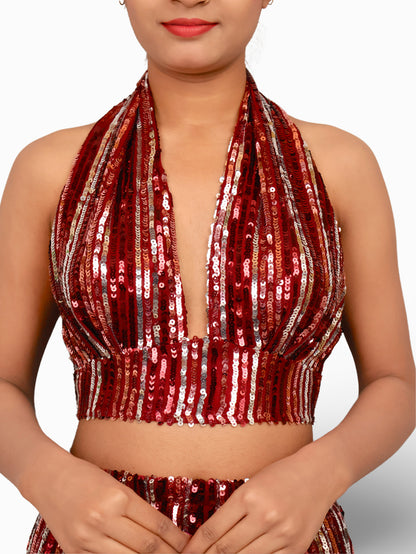 Glamour Halter Neck Sequins Bodycon Co-Ord Set by Shreekama Maroon Dress for Party Festival Wedding Occasion in Noida