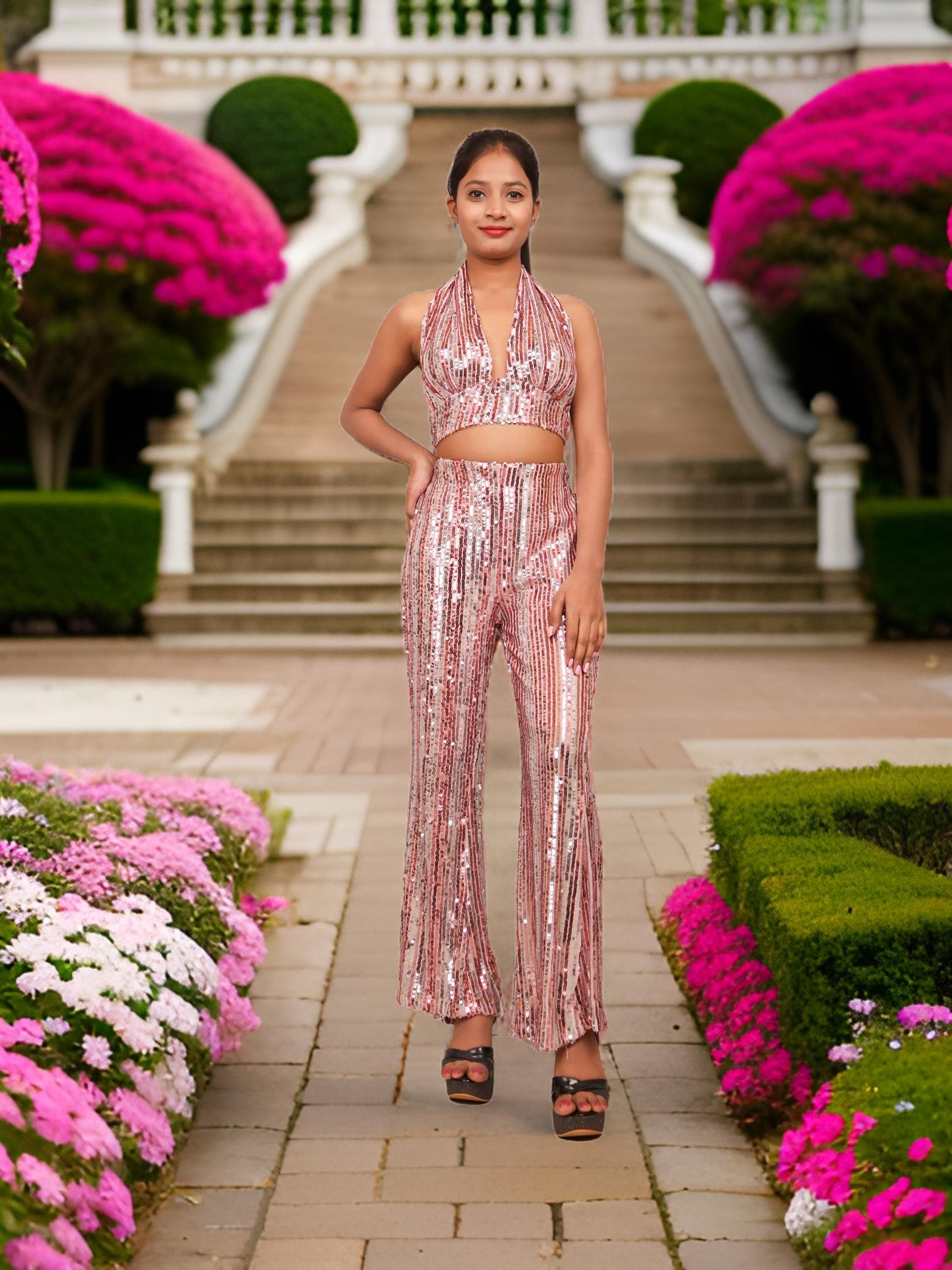 Glamour Halter Neck Sequins Bodycon Co-Ord Set by Shreekama Pink Dress for Party Festival Wedding Occasion in Noida