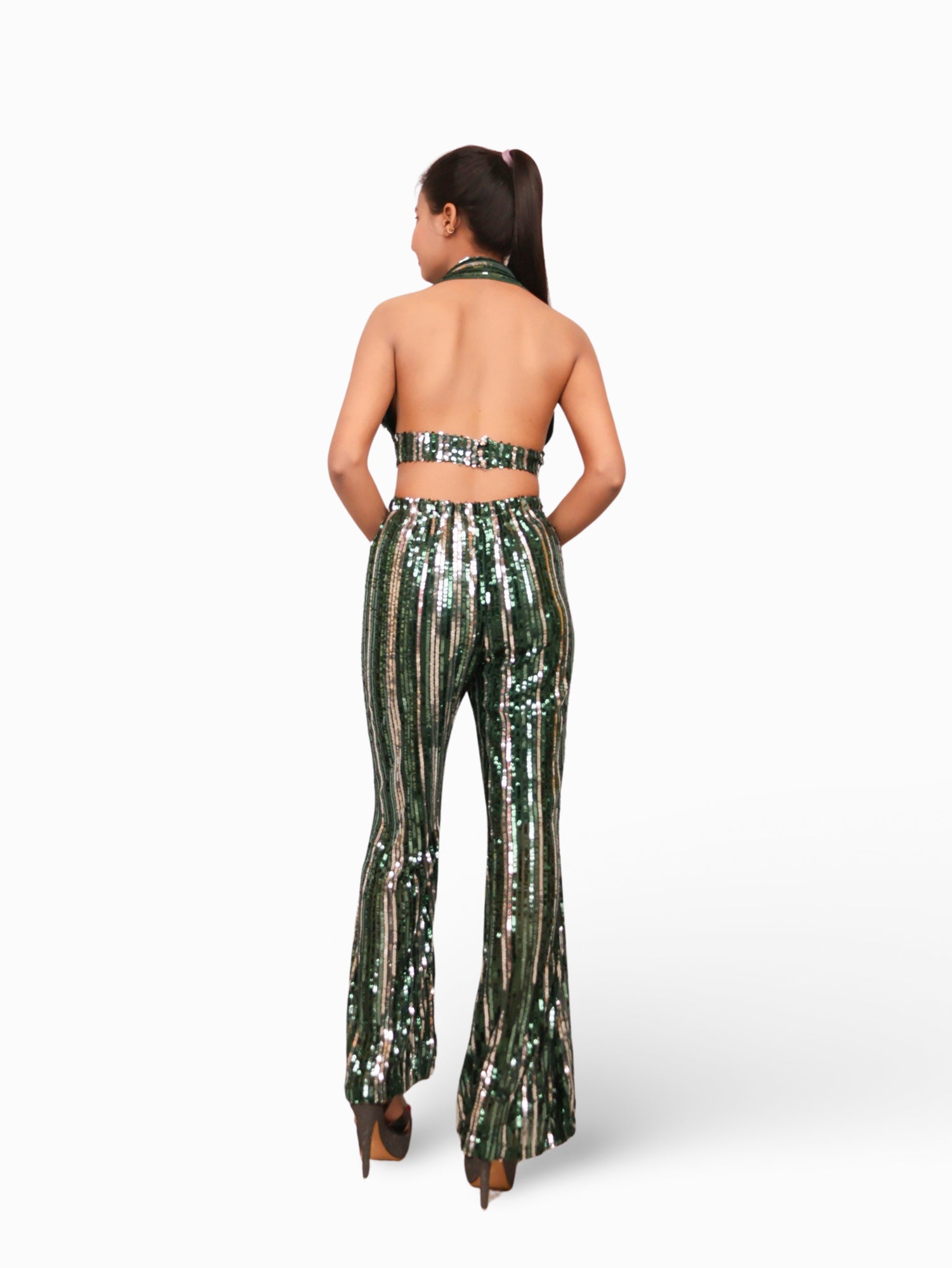 Glamour Halter Neck Sequins Bodycon Co-Ord Set by Shreekama Dark Green Dress for Party Festival Wedding Occasion in Noida