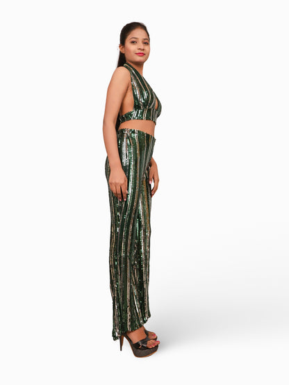 Glamour Halter Neck Sequins Bodycon Co-Ord Set by Shreekama Dark Green Dress for Party Festival Wedding Occasion in Noida