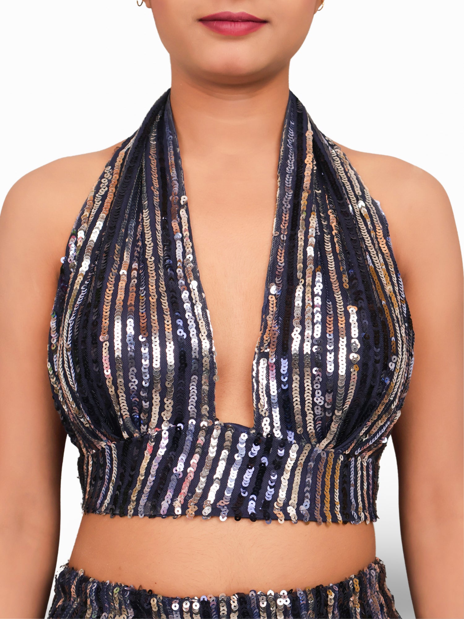 Glamour Halter Neck Sequins Bodycon Co-Ord Set by Shreekama Navy Blue Dress for Party Festival Wedding Occasion in Noida