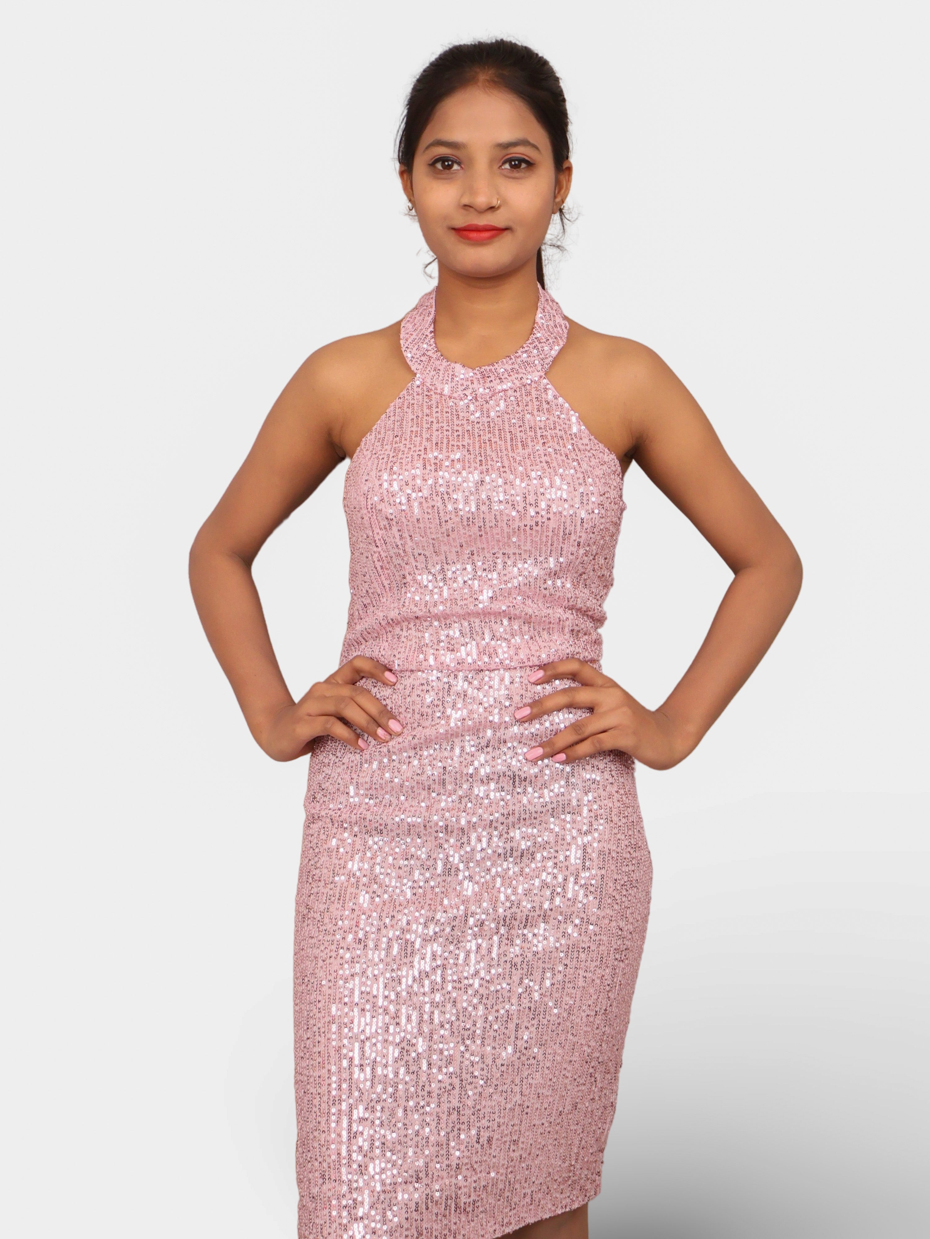 Sparkling Elegance: Halter Neck Pink Sequins Mini Party Dress by Shreekama Light Pink Dress for Party Festival Wedding Occasion in Noida