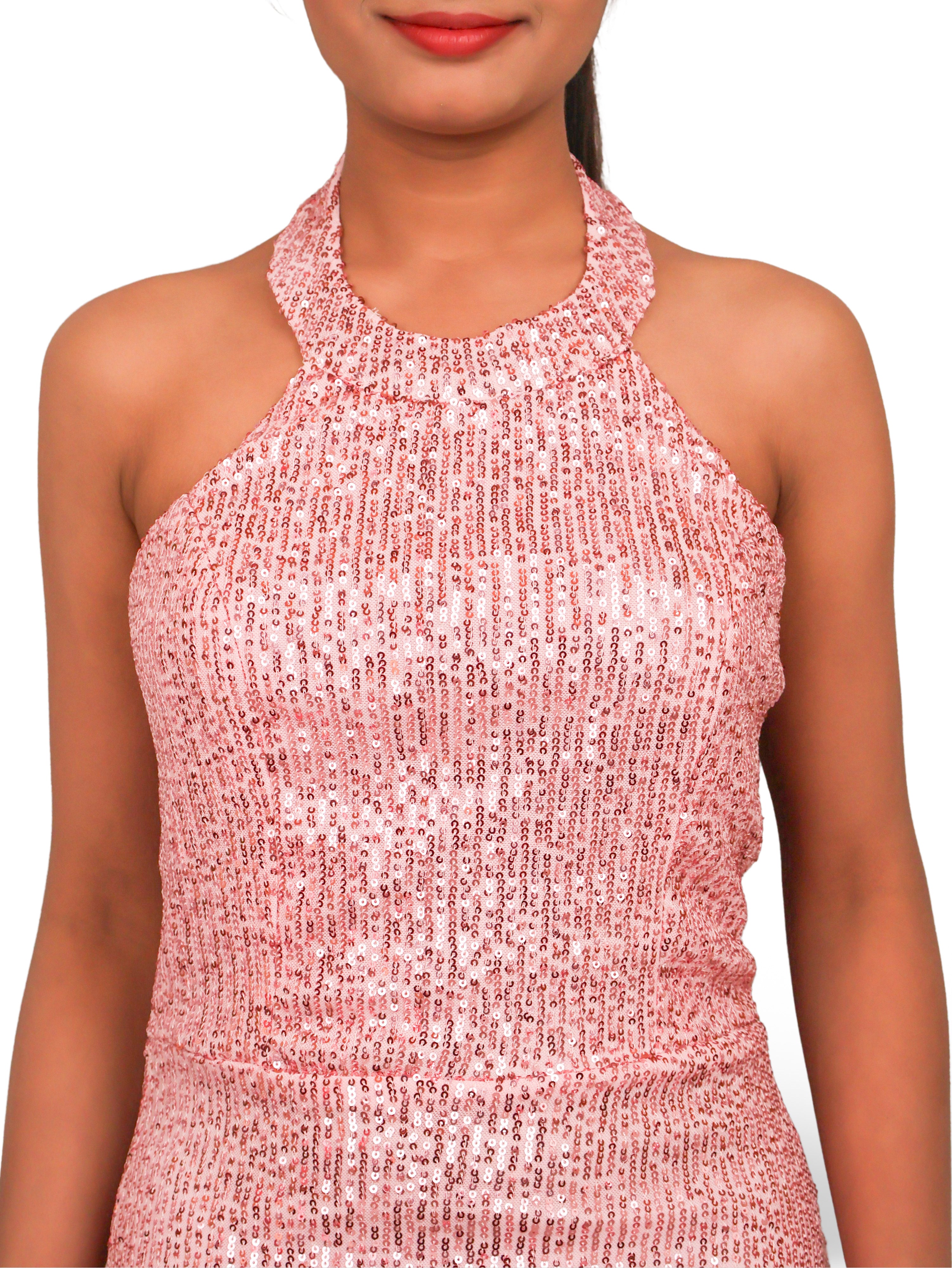Sparkling Elegance: Halter Neck Pink Sequins Mini Party Dress by Shreekama Pink Dress for Party Festival Wedding Occasion in Noida