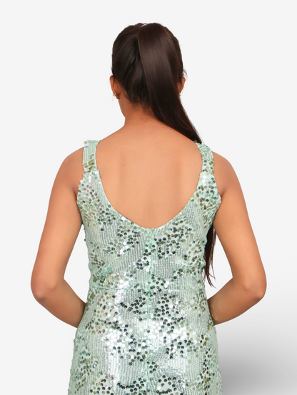 Sparkling Sequins Round Neck Bodycon Mini Dress by Shreekama Sea Green Small Dress for Party Festival Wedding Occasion in Noida