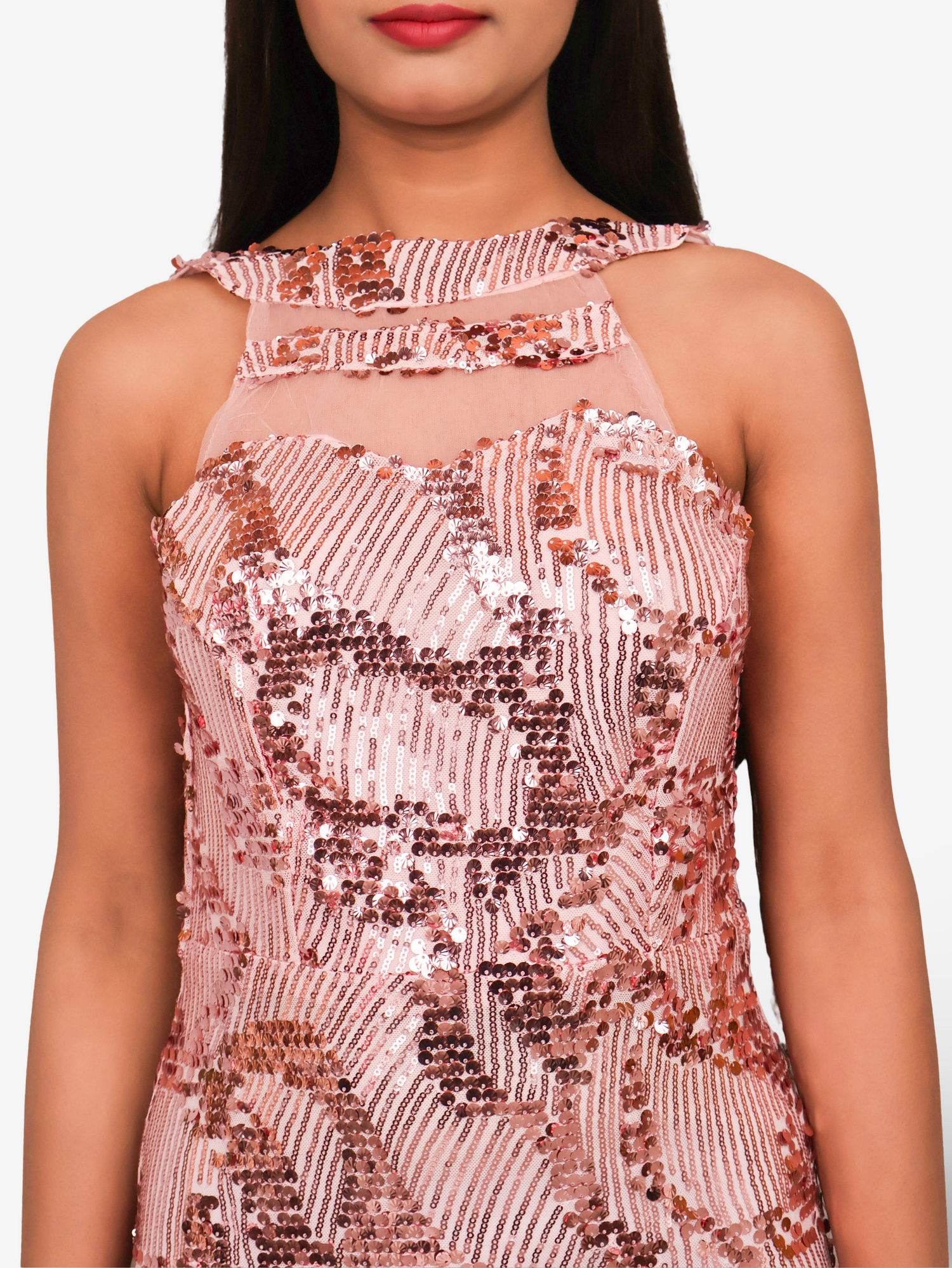 Sparkling Sequins Round Neck Bodycon Mini Dress by Shreekama Pink Small Dress for Party Festival Wedding Occasion in Noida