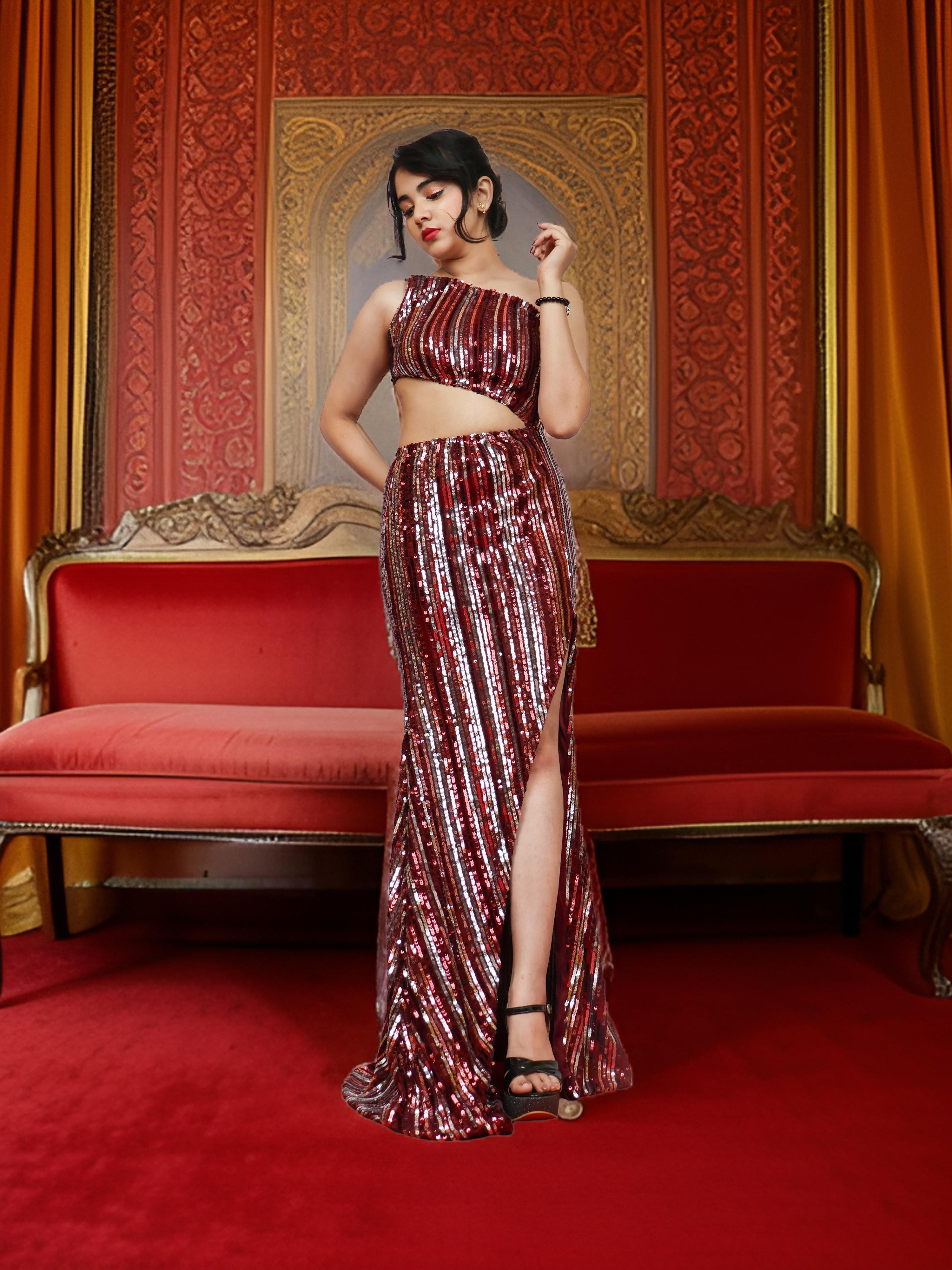 One-Shoulder Sequin Maxi Party Dress by Shreekama Maroon Dress for Party Festival Wedding Occasion in Noida