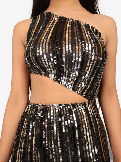 One-Shoulder Sequin Maxi Party Dress by Shreekama Black Dress for Party Festival Wedding Occasion in Noida