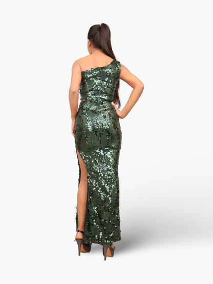 Sequins One-Shoulder Maxi Party Dress by Shreekama Dark Green Dress for Party Festival Wedding Occasion in Noida