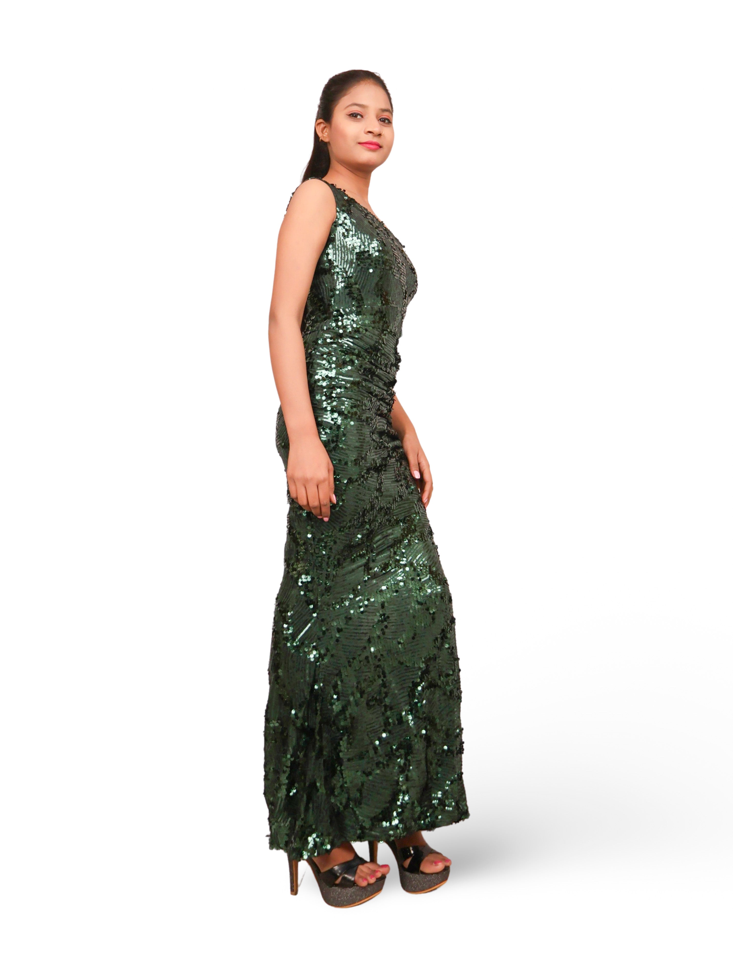 Sequins One-Shoulder Maxi Party Dress by Shreekama Dark Green Dress for Party Festival Wedding Occasion in Noida