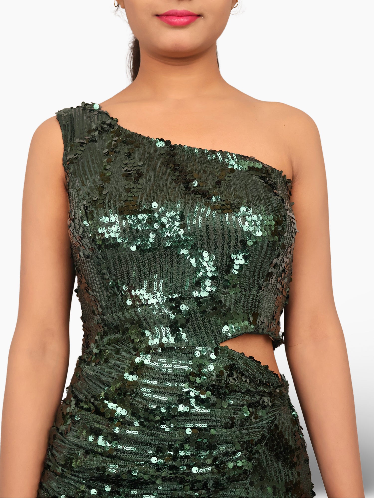 Sequins One-Shoulder Maxi Party Dress by Shreekama Dark Green Dress for Party Festival Wedding Occasion in Noida