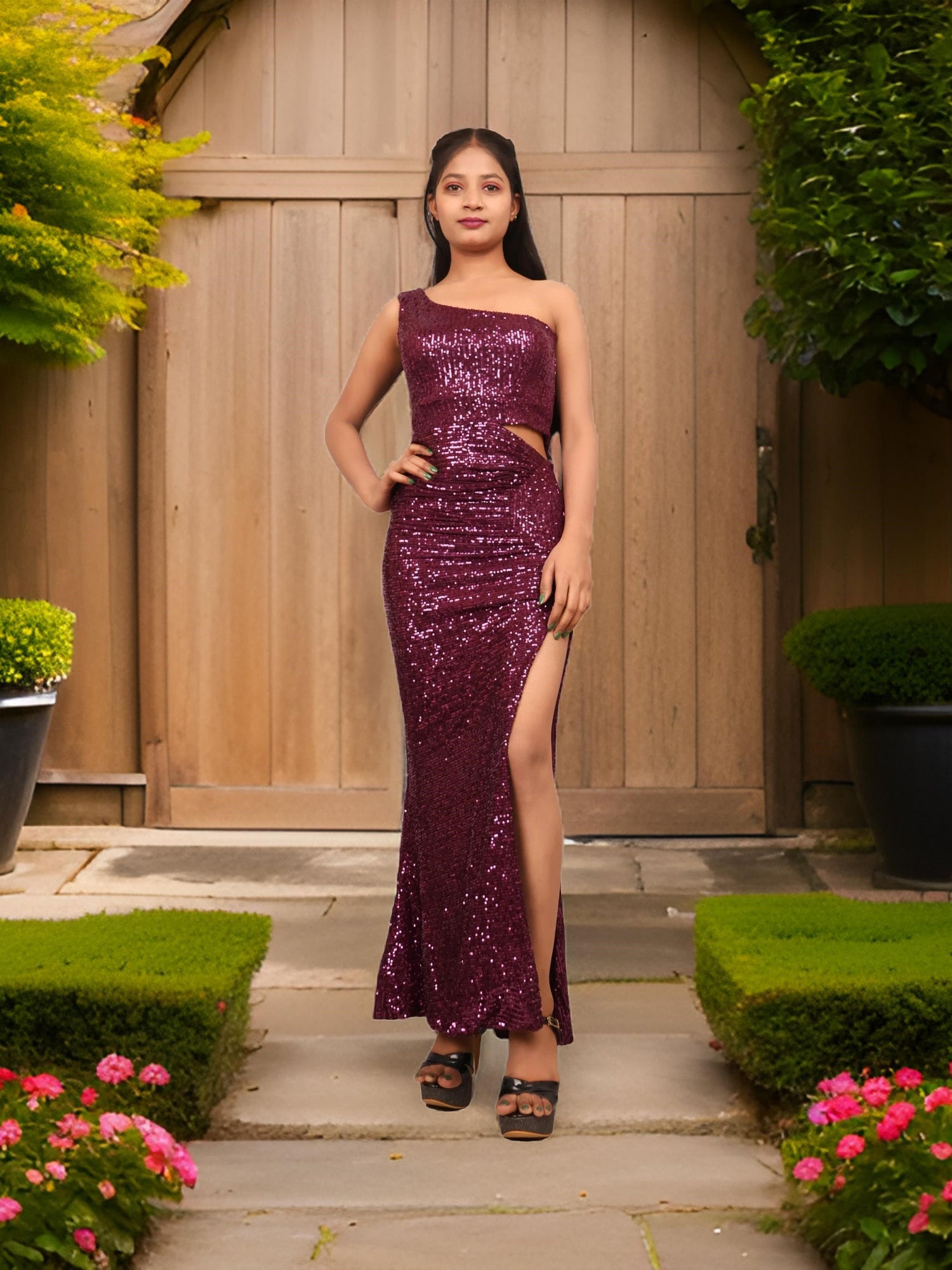Wine Sequins One-Shoulder Maxi Party Dress by Shreekama Wine Small Dress for Party Festival Wedding Occasion in Noida