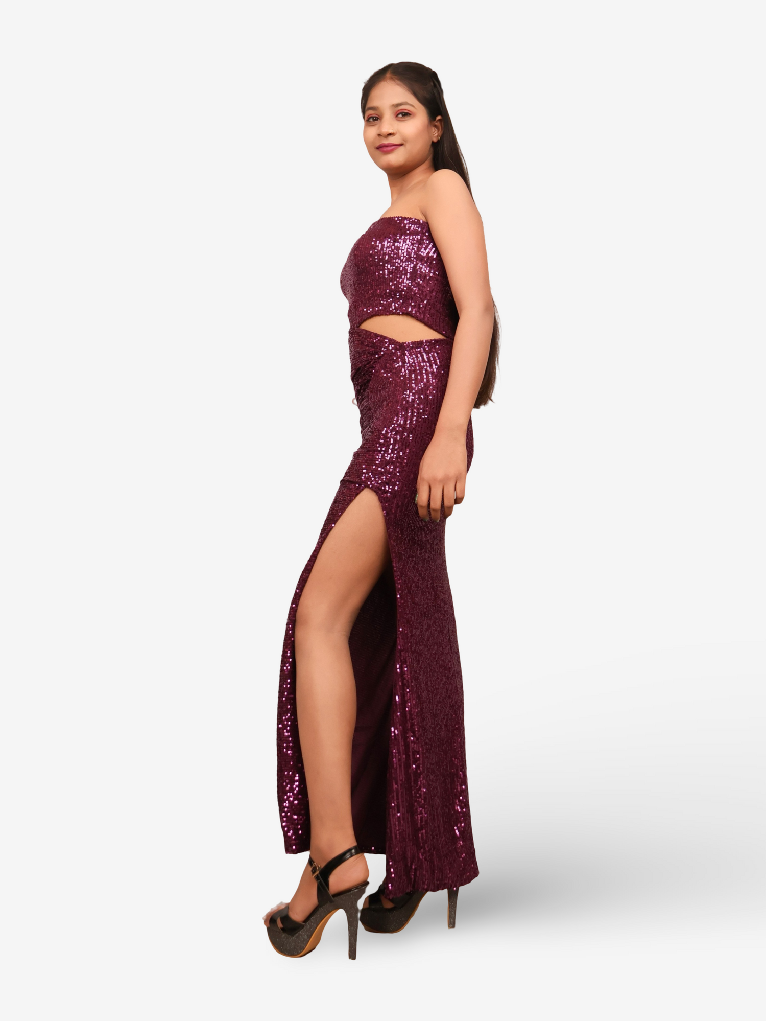 Wine Sequins One-Shoulder Maxi Party Dress by Shreekama Wine Small Dress for Party Festival Wedding Occasion in Noida