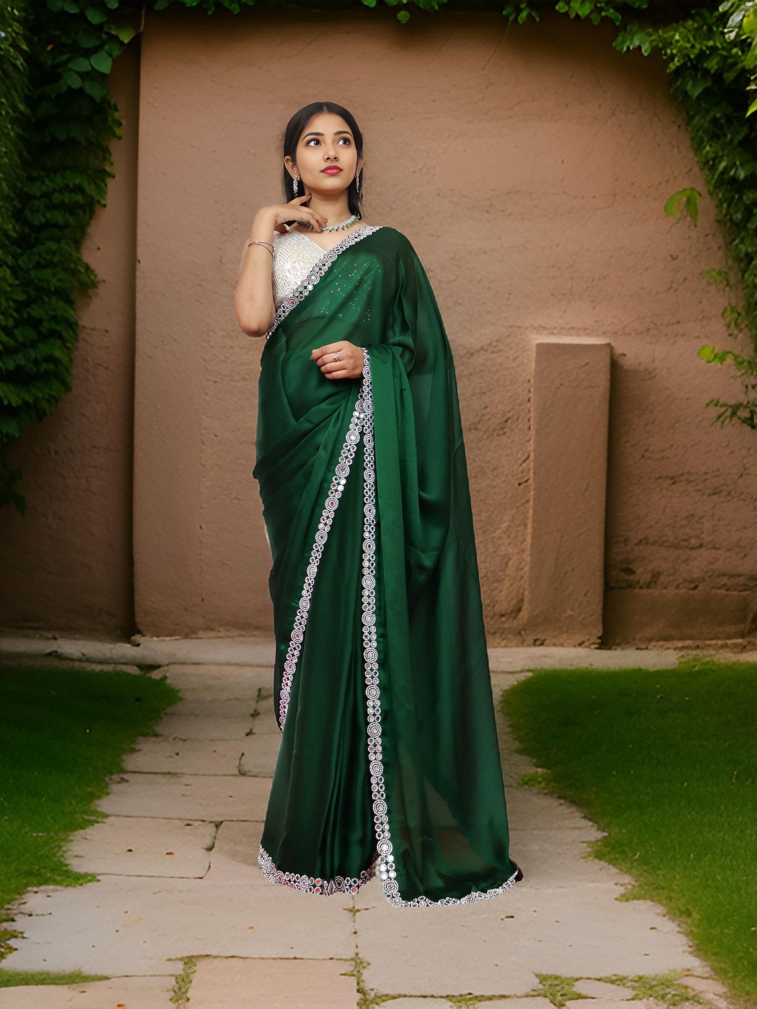 Designer Saree with American Diamond &amp; Mirror Work by Shreekama