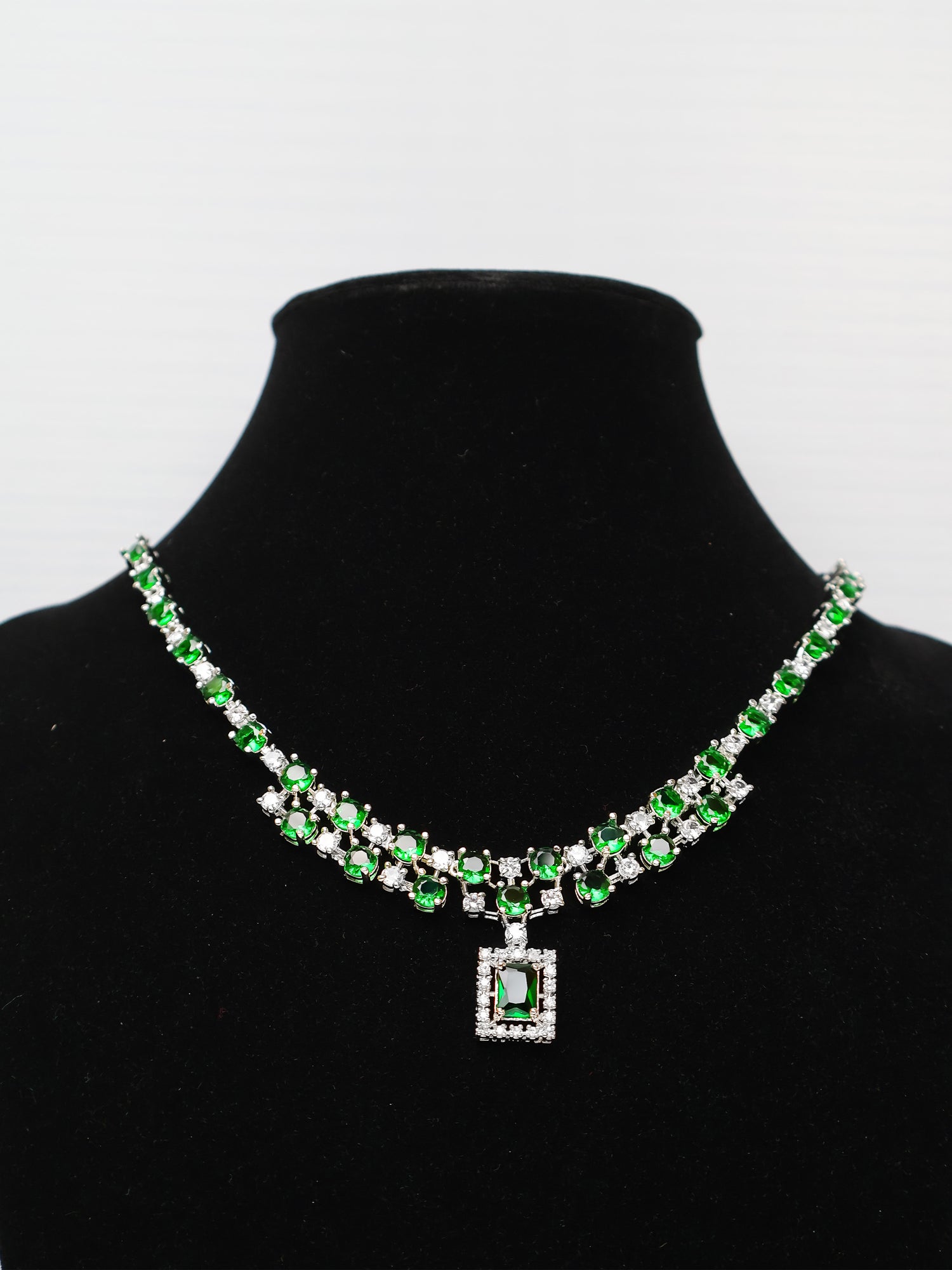 Silver Plated Green AD Necklace Set