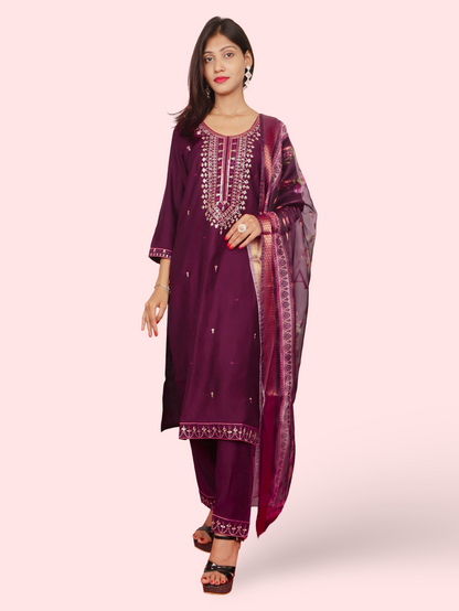 Rayon-Cotton Embroidered Straight Kurti with Pant and Dupatta