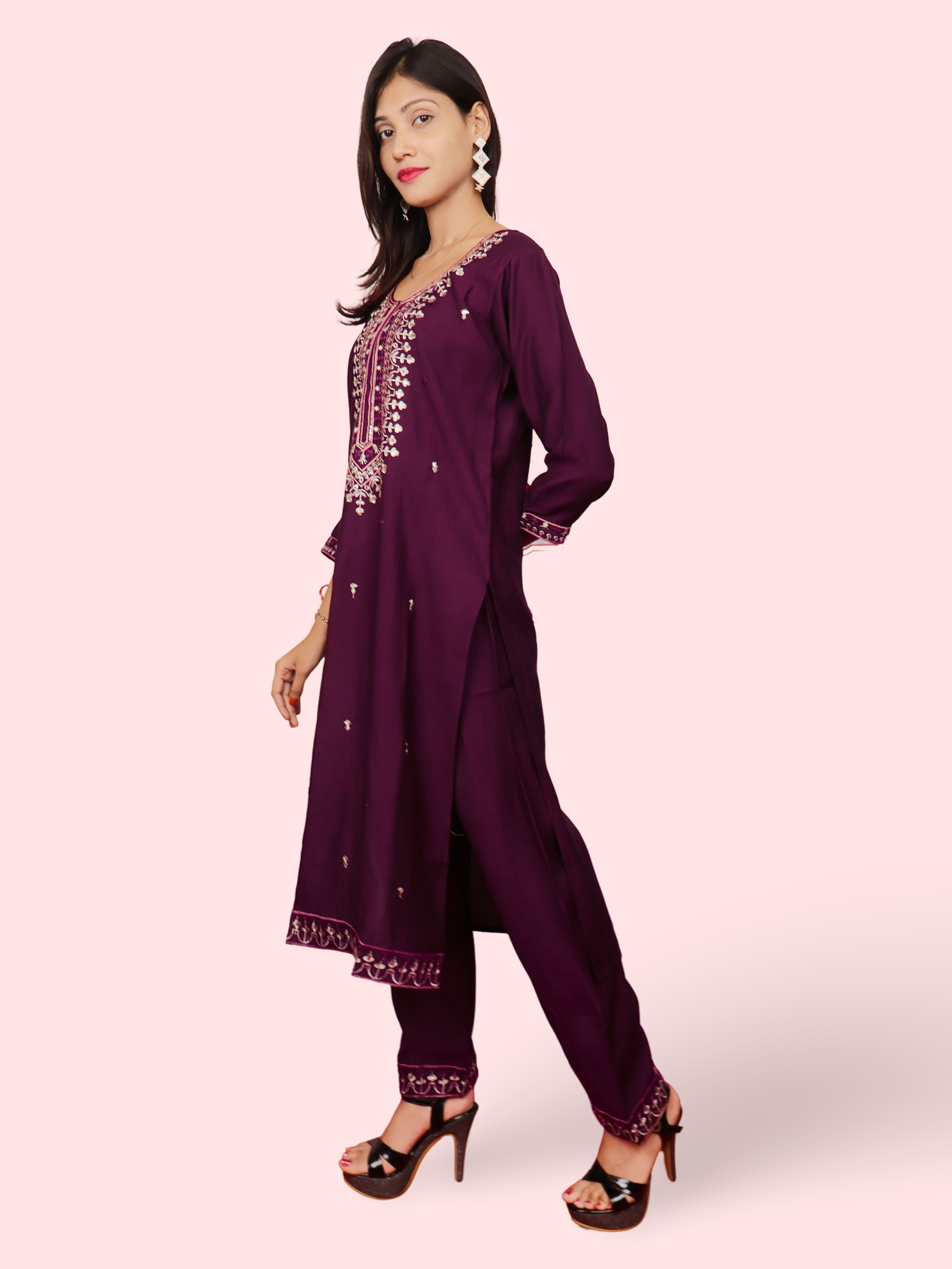 Rayon-Cotton Embroidered Straight Kurti with Pant and Dupatta