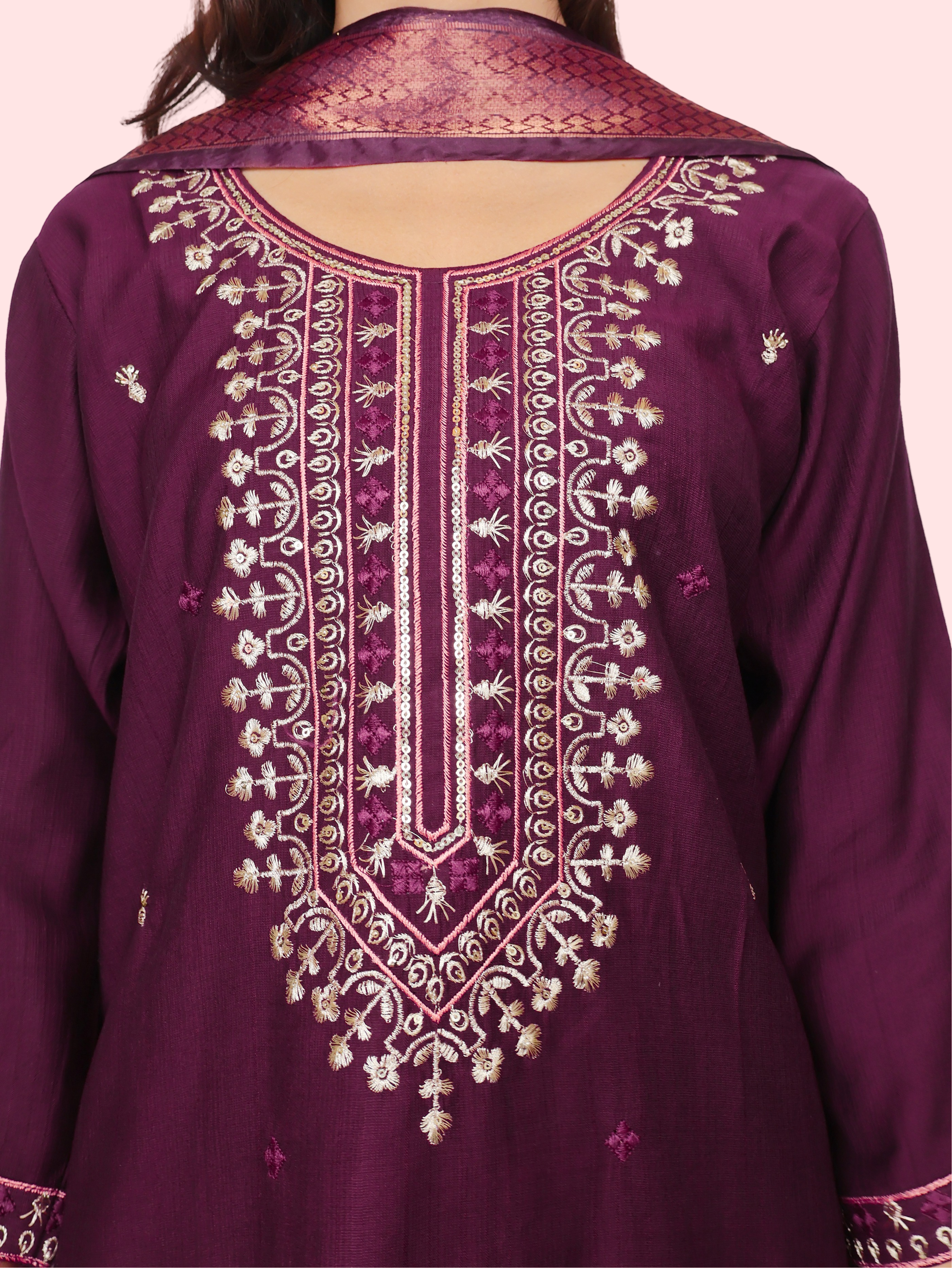 Rayon-Cotton Embroidered Straight Kurti with Pant and Dupatta