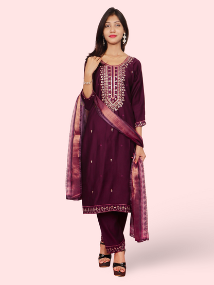 Rayon-Cotton Embroidered Straight Kurti with Pant and Dupatta