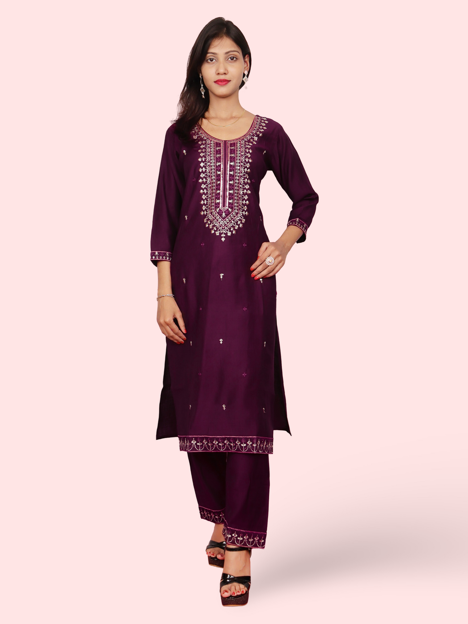 Rayon-Cotton Embroidered Straight Kurti with Pant and Dupatta