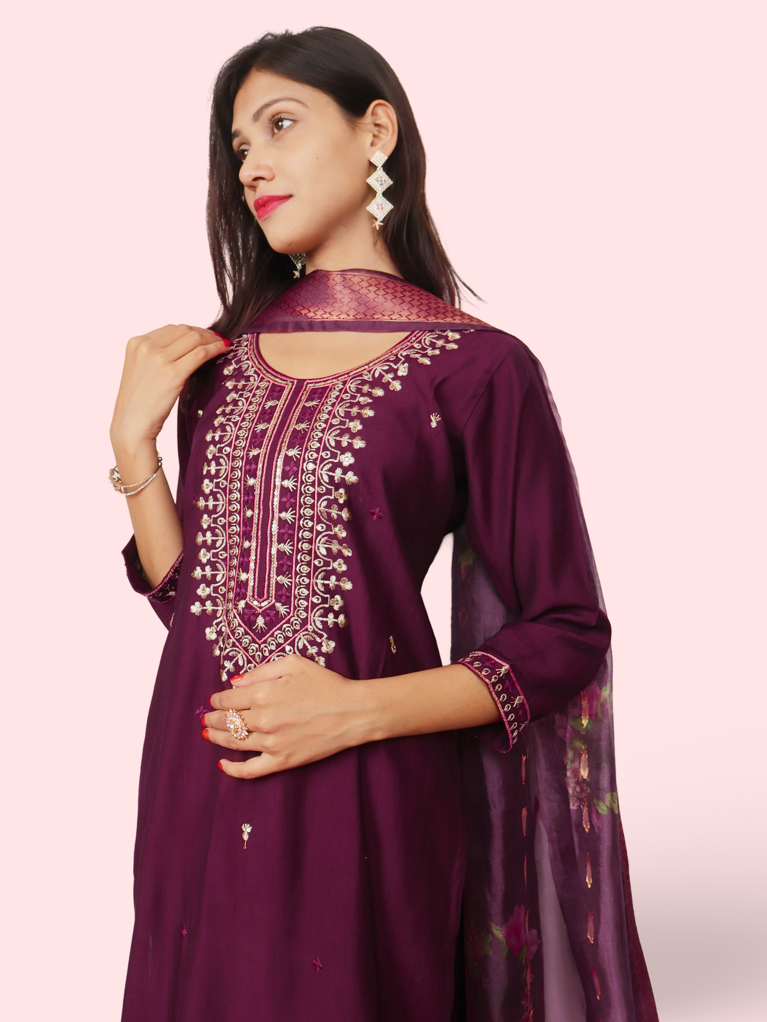 Rayon-Cotton Embroidered Straight Kurti with Pant and Dupatta