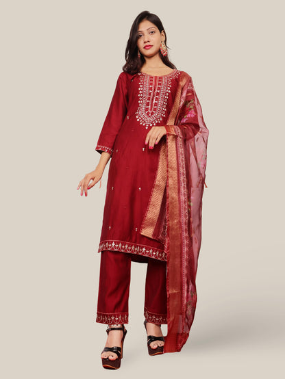 Rayon-Cotton Embroidered Straight Kurti with Pant and Dupatta