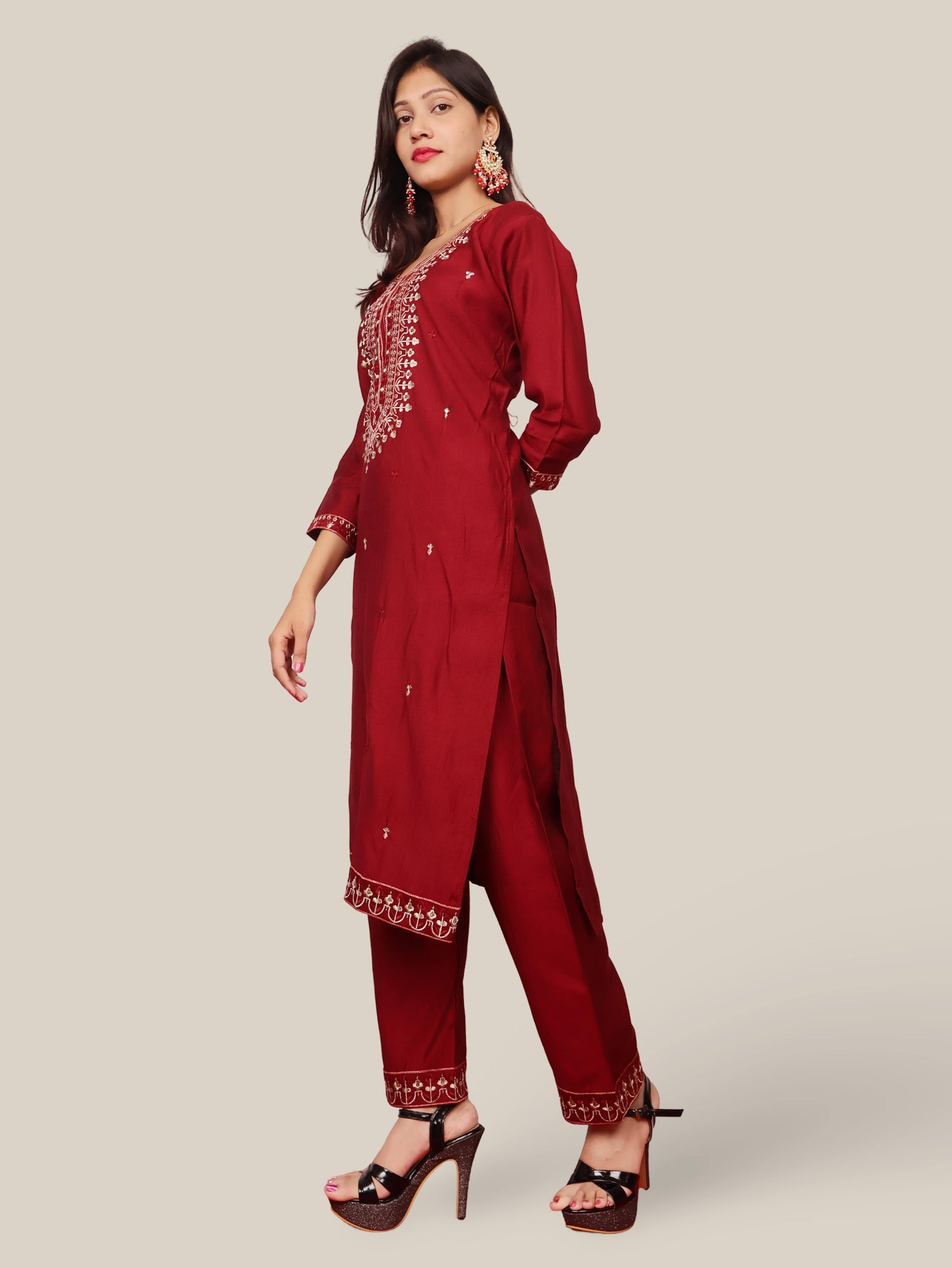 Rayon-Cotton Embroidered Straight Kurti with Pant and Dupatta