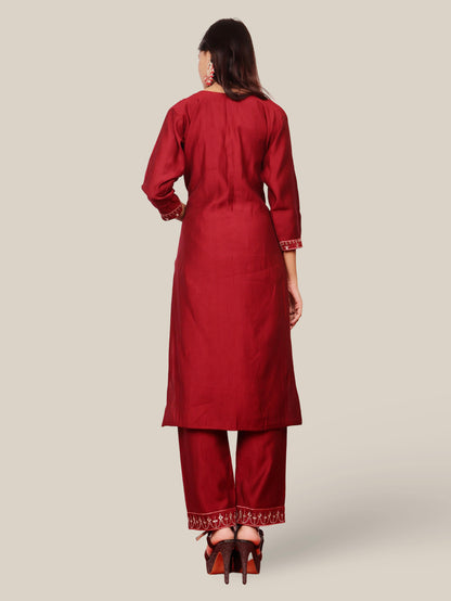 Rayon-Cotton Embroidered Straight Kurti with Pant and Dupatta